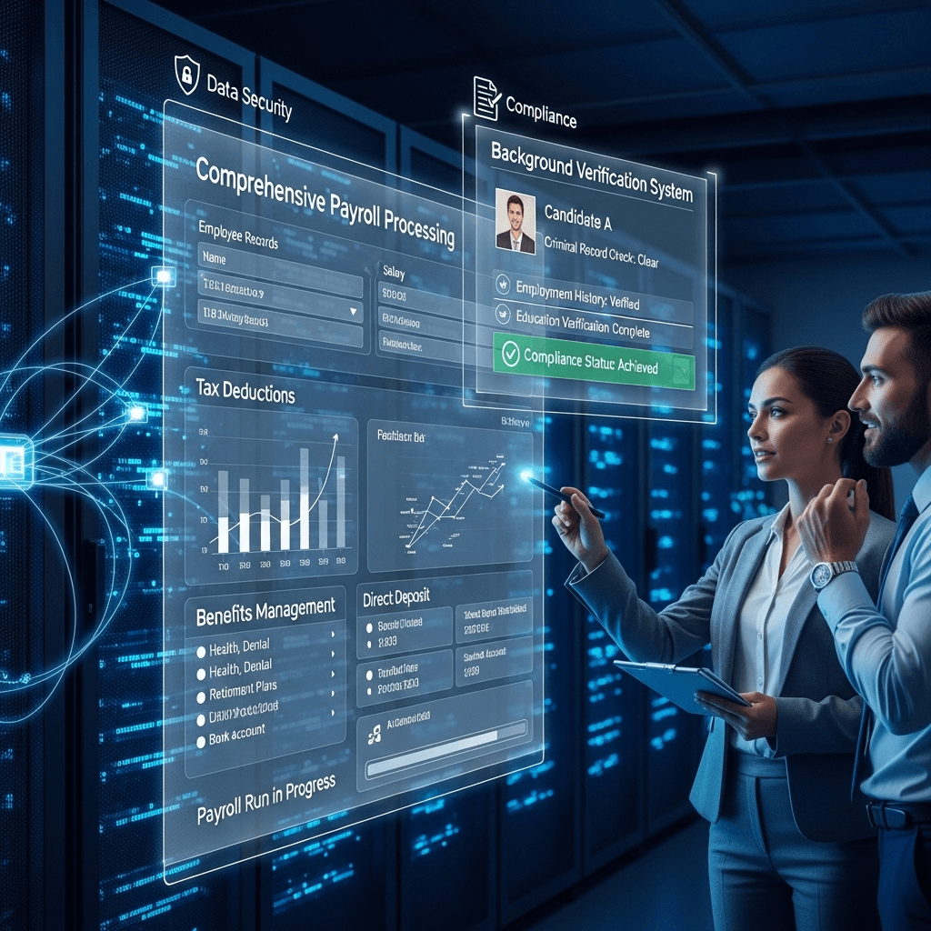 Comprehensive payroll processing and background verification systems showing secure data management and compliance procedures