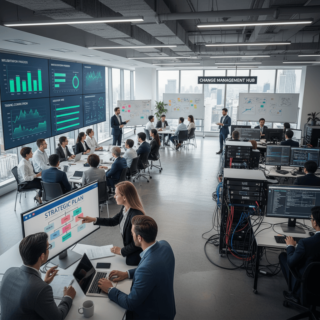 HR implementation team executing strategic plans with training sessions, system integration, progress tracking dashboards, and change management activities